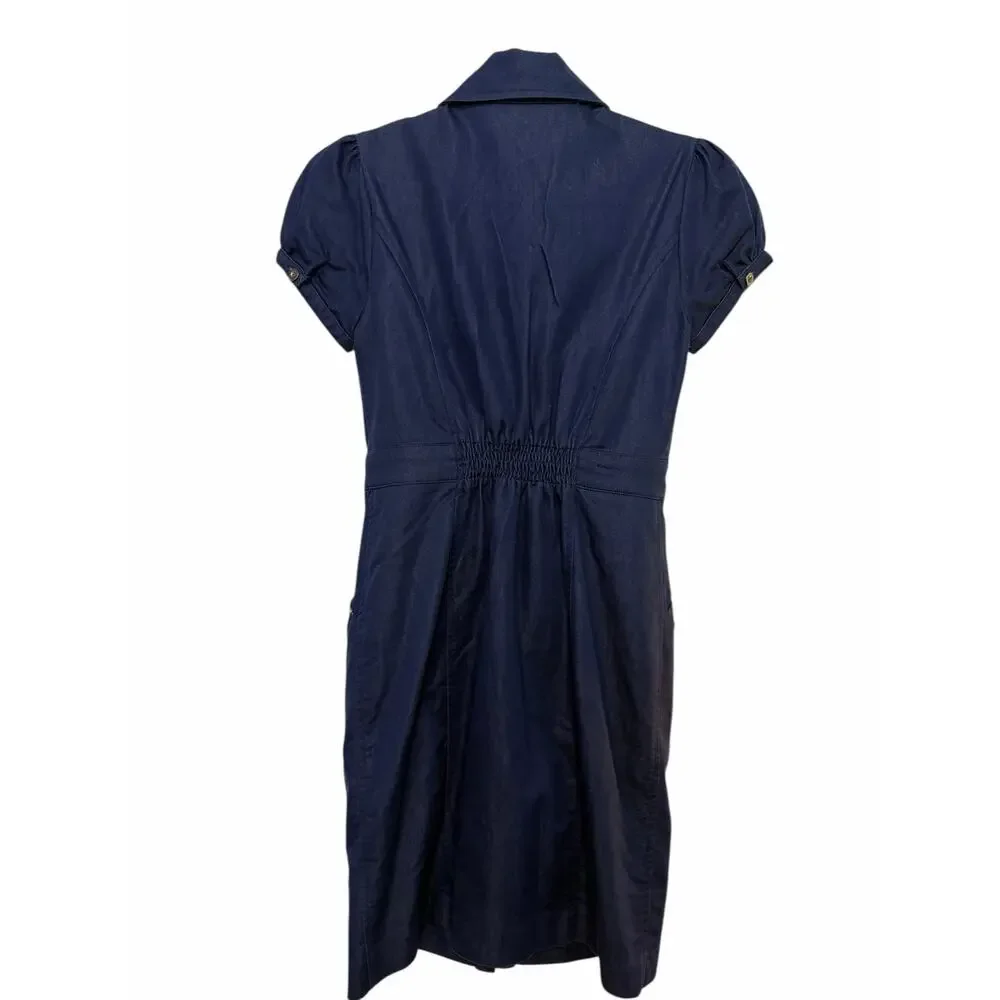 New York & Company Womens Dress XS Blue Denim Style Button Up Cap Sleeve Collar